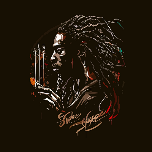 vector logo, black man with long dreadlocks holing a paintbrush painting, black background