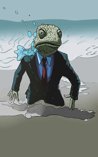 flat vector illustration by frank quitely of a humanoid anthropomorphic gecko wearing a suit in the sea breaking the surface coming up to breathe