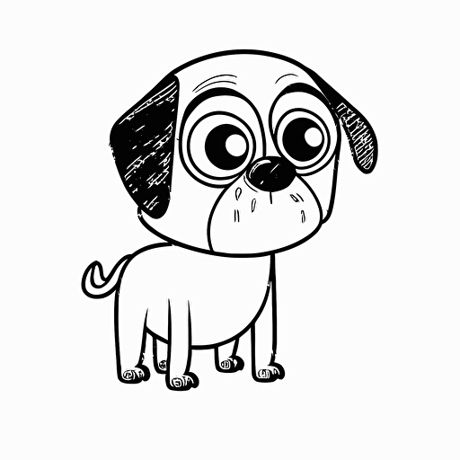cute dog in farm, big cute eyes, pixar style, simple outline and shapes, coloring page black and white comic book flat vector, white background