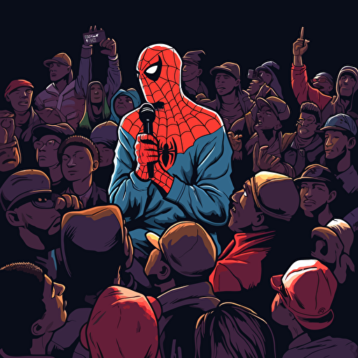 spiderman in a rap battle. Vector image. Drawing. Black background. Villains in the crowd. Wide angle.