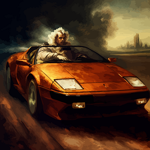 painting of leornardo divinci driving a vector w8 sports car, rembrandt, divinci, baroque, luxury sports car, vector w8masterpiece painting, high end art, colors, masterpiece painting