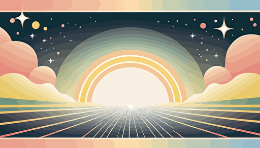 2D Vector, 1970s poster, liminal space backdrop with border, mostly empty, cosmic stars, pastel, high definition, soft gradients
