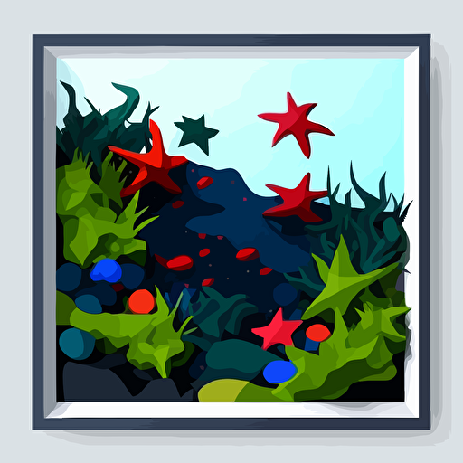 tidepool on the west coast, red sea stars, green kelp, blue rocks, minimalist design, fun vibe, vector, 2d, flat, 8 colors