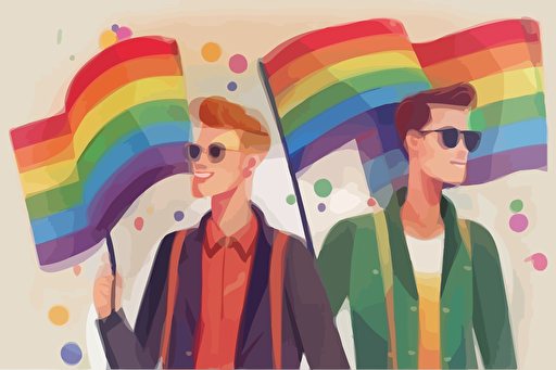 two happy gays with lgbt flags on gay parade, flat vector grphic 2d