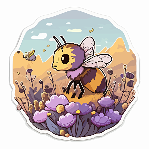 vector sticker design, cute cartoon kawaii style brown and yellow honey bee in a field of purple wildflowers