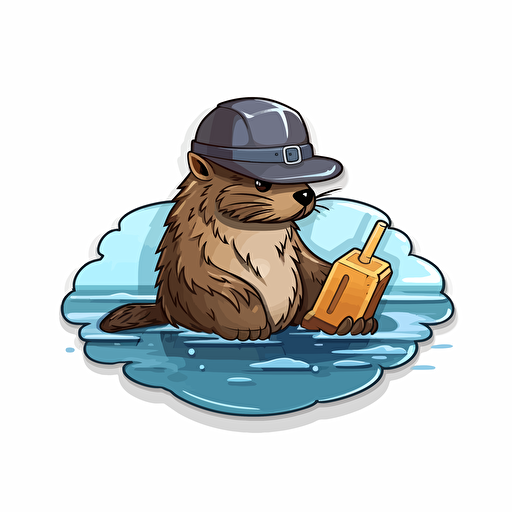 vector beaver with an engineer hat swimming in a data lake sticker in the style of meme art, with white background