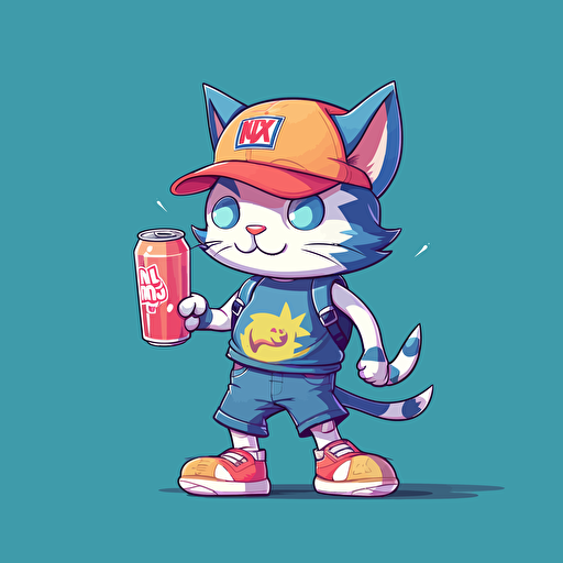 a vector cartoon cat wearing a birthday hat, wearing running shoes, and drinking a canned drink