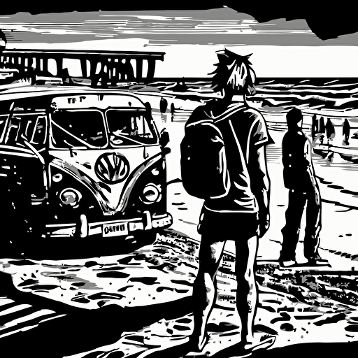 surfers standing by vw van on the beach in santa cruz california, vector, linocut, black and white, detailed