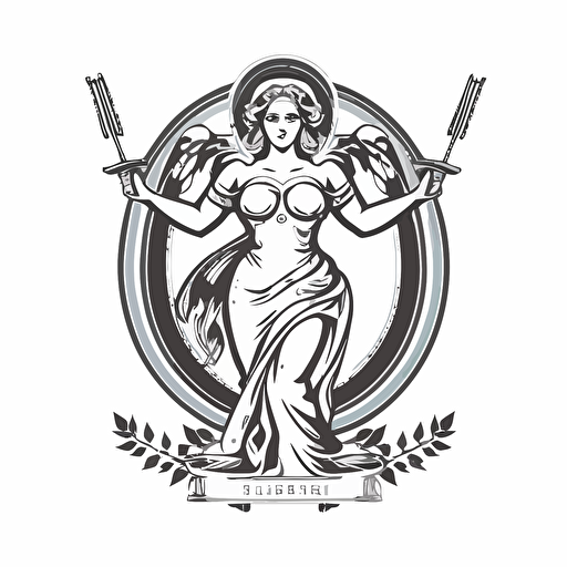 crest logo of Lady Justice holding a spoon and a fork in her hands, in the style of victorian illustration, 2d, flat, black and white vector