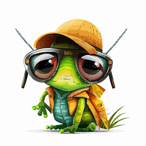 a very cute baby grasshopper wearing very big sunglasses dressed up as a farmer, as a cartoon type, as a vector, white background, bright graffiti colors