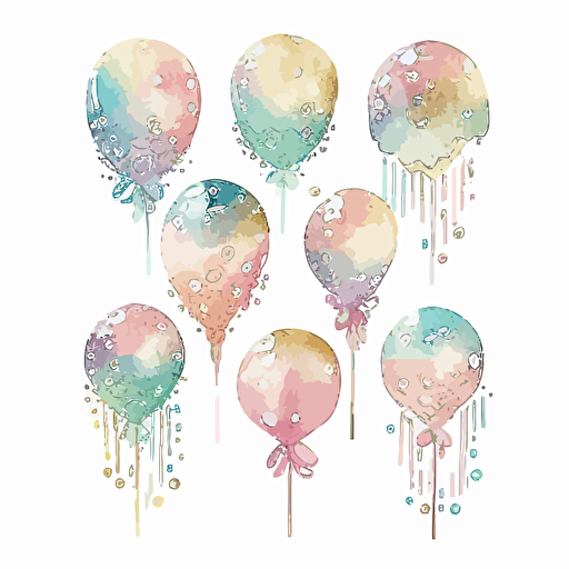 cute watercolor pastel foil balloons, vector, white background
