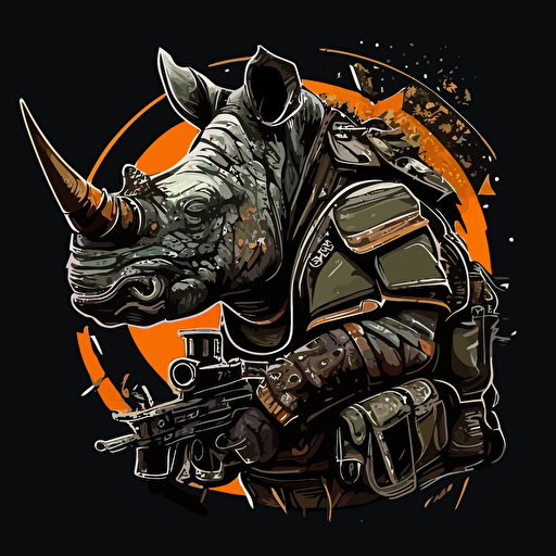 a vector logo design of a rhino with machine gun belts wrapped around his neck, tactical
