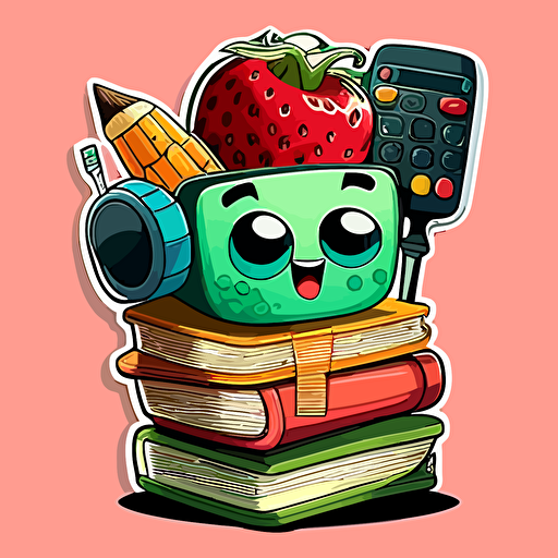 Stickers, vector art, stack of books with a watermelon with eyes in a good mood holding a microphone on top