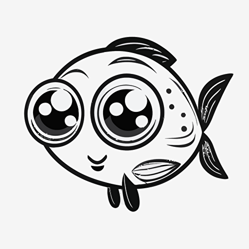 cute fish in farm, big cute eyes, pixar style, simple outline and shapes, coloring page black and white comic book flat vector, white background