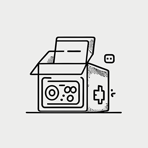 minimal line Logo of a Box with toys and consoles, Vector, Simple, transparent, black and white, sketchy, cartoony