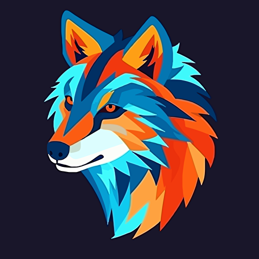 a blue and orange horizontal poster of a flat silhouette of a wolf's head. All in the style of solid flat vector illustration