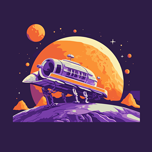 spaceship landing on moon, 2D, vector, flat art, fedex purple and orange