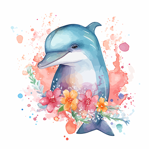 cute dolphin, detailed, cartoon style, 2d watercolor clipart vector, creative and imaginative, floral, hd, white background