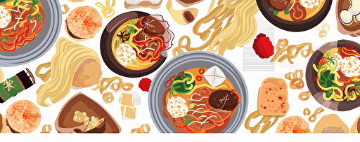 Chinese noodles, spring rolls, dumplings, yakisoba, meatballs, bean curd tofu, and steamed buns, pattern, repeating, white background, in the style of vector art, cartoonish modern, bright