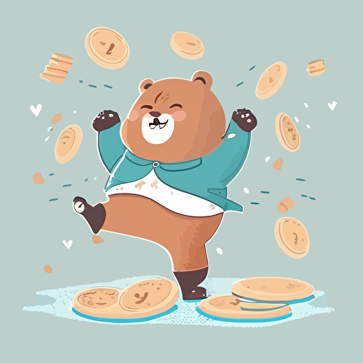 a vector image of a cute bear dancing and eating pastries with money floating around him