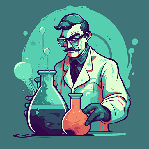 make a cartoon image out of this guy, with a chemist robe holding a lab equipment. 2d art, vector.