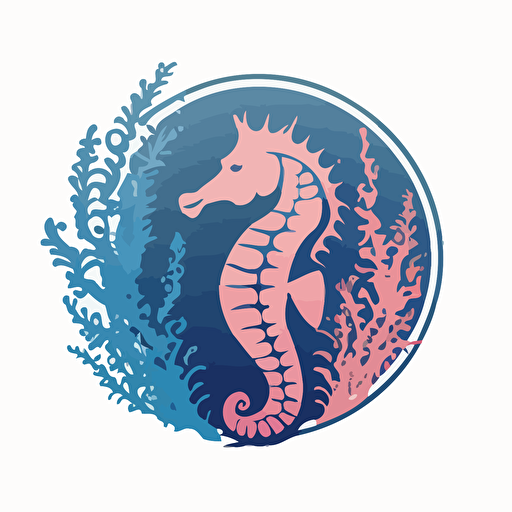 blue seahorse with its tail wrapped around pink coral, vector, emblem, logo, flat style, circular design