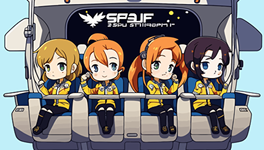 spaship cocpit,4 seats,anime chibi style,illustration,vector,