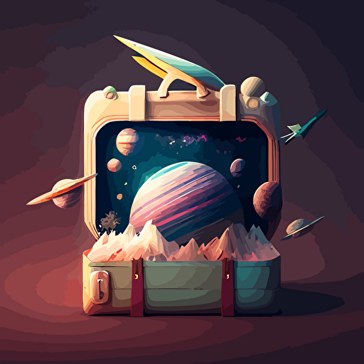 an illustrated space scene with a briefcase floating in the middle. Vector. Moody.