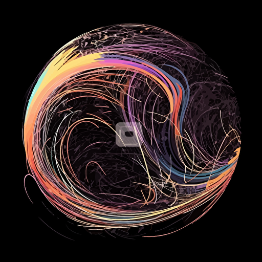 earth on black background, 2d vector, trails, purple, yellow, white, orange and pastel colors