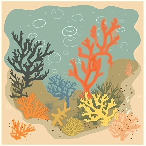 sandy ocean floor, colorful, coral and seaweed, vector clip-art style