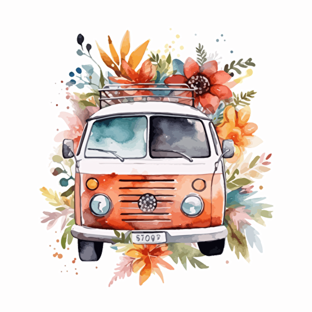 watercolor vector illustration boho flower truck sticker white background
