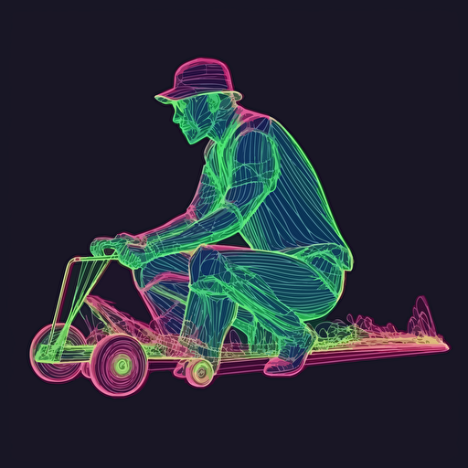 psychedlic neon wireframe lowpoly vector of man mowing his lawn on black background