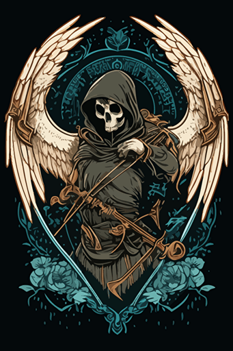 hooded reaper with bow and arrow and wings vector art style moral patch