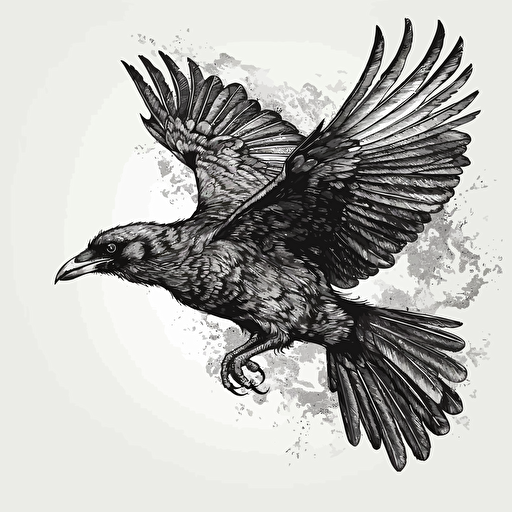 crow flying illustration, vector, black and white