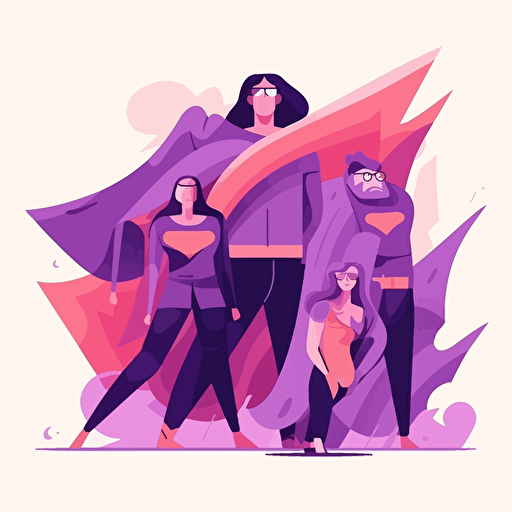 cute and fun style, overlook angle, vector cartoon vector flat, group of office employees becoming superheros to protect the company against cyber attacks, main color purple