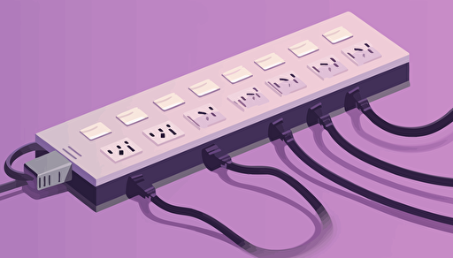vector illustration of an power strip with many cords plugged in, sparse and simple, lavendar gradient background