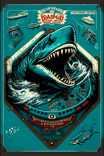1980 pinball playfield art, gorilla fighting a shark, vector style