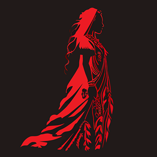 2d simple vector silhouette of a native american female in a long red dress. Elongated humans. black and red color scheme.