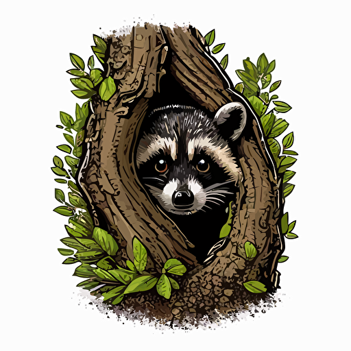 Curious raccoon vector peeking out of a tree on a white background