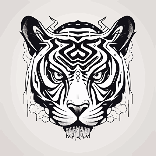 b&w, vectorart, tiger head, japanese style, hanya mask, minimalistic, logo design, max ernst style
