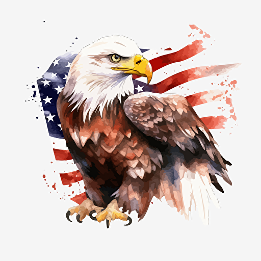 eagle american flag, detailed, cartoon style, 2d watercolor clipart vector, creative and imaginative, floral, hd, white background
