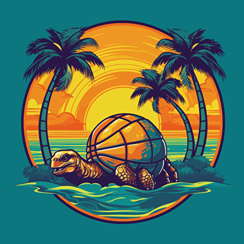 vector, nba logo with palm trees and an ocean background with a sun and a turtle with a basketball, brazilian, tropical theme, with no text, green, blue, yellow, closed shape
