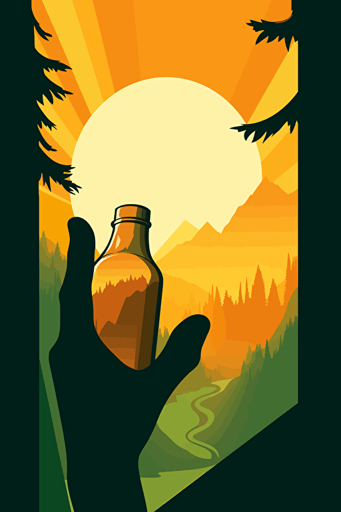 man's hand holding a bottle with liquid silhouette forest and mountains inside, 5 fingers on hand, hand raised up, vector, Tom Whalen style, warm colors
