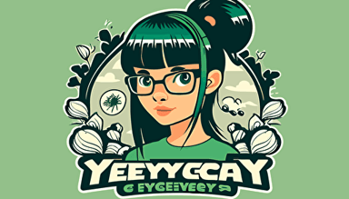 logo, retro illustration style, cozy games in sage green tones, with a video game theme, that is a gamer girl with black hair and bangs and glasses who likes plants and mushrooms and plays video games in pc gamer you can add a keyboard and mouse and the girl's name is yeyekat logo vector, in the style of alex gross, emphasizes emotion over realism, jim mahfood, fish-eye lens, vaporwave, pierre-mony chan, dreamy realism , cartoon ,