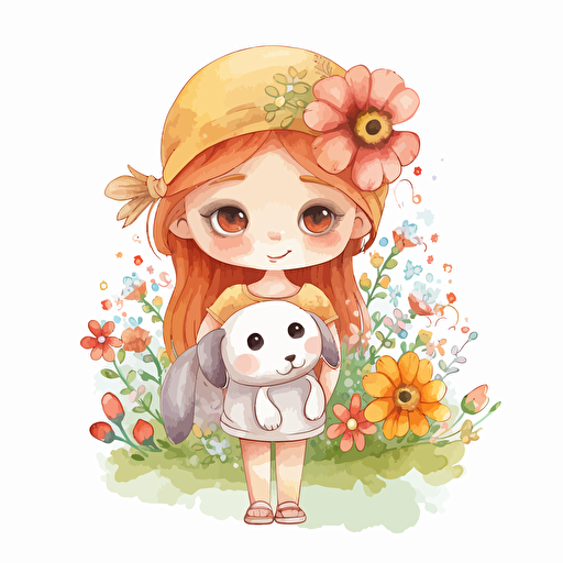 cute with flowers, detailed, cartoon style, 2d watercolor clipart vector, creative and imaginative, hd, white background