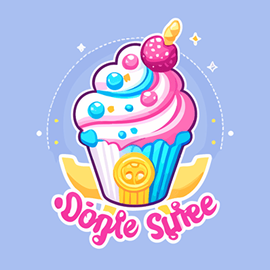 A dessert logo design, featuring a playful combination of pink, blue, and yellow colors, showcasing a whimsical cupcake with a swirl of frosting and sprinkles, evoking feelings of joy and sweetness, Illustration, digital art with a flat, vector style,