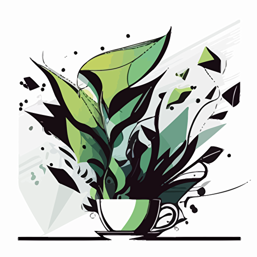 abstract vector art of green leaves, flying cup of tea, botanica, cubist style, 2d, black outline