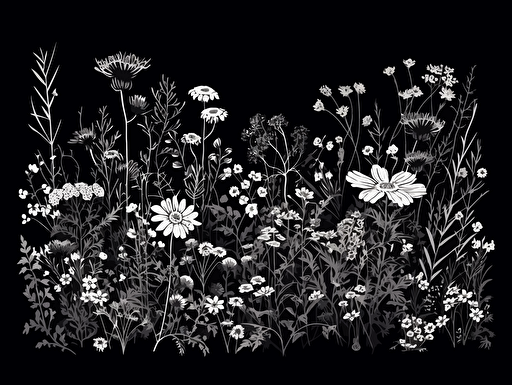 blooming wildflowers vector, white on black background,