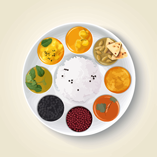 Minimalist vector illustration of indian food plate. Top perspective closeup on a white table. Strong light and shadow. Use only 6 colors. Style of Malika Favre and Owen Davey