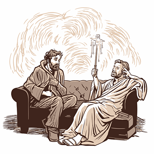 luke skywaker in jedi robes holding a lit lightsaber, lying on a psychiatrists couch looking worried and confused, as a psychiatrist with a notebook asks him questions comic book style vector drawing white background